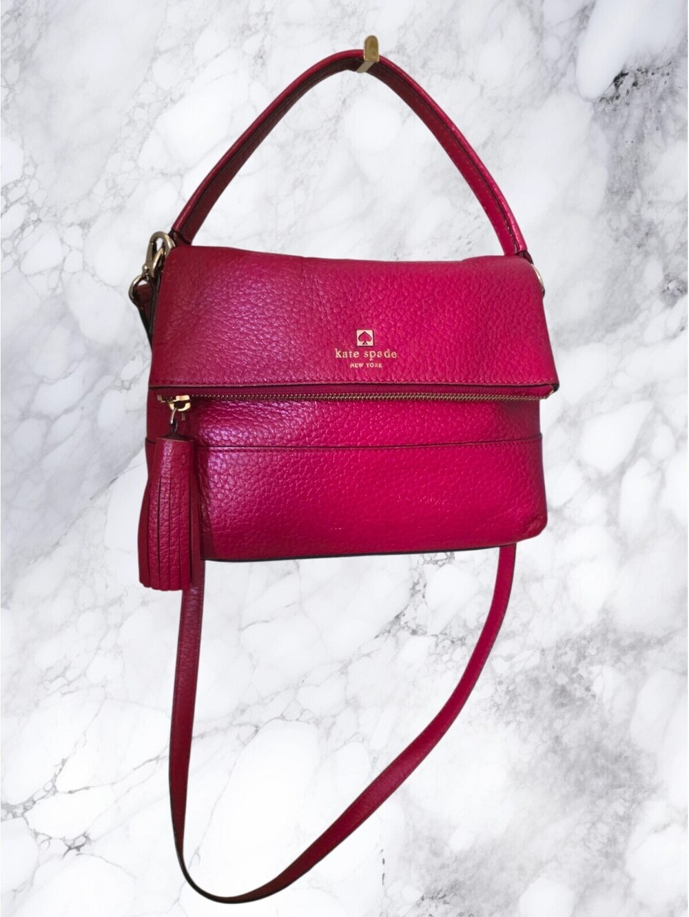 Kate Spade New York Red Pebbled Leather Foldover Flap Crossbody Shoulder Bag
